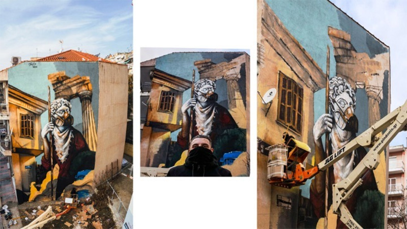  Δράμα: Τοιχογραφία 15 μέτρων «μιλάει» για την εποχή του κορωνοϊού