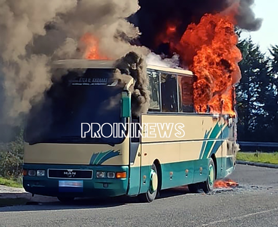  Κάηκε λεωφορείο στις Κρηνίδες (φωτογραφίες-video)